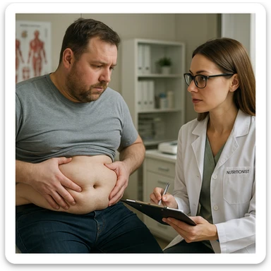 hyper realistic 4K image of a man consulting a nutritionist, showing stubborn belly fat, clinical scene details sticker