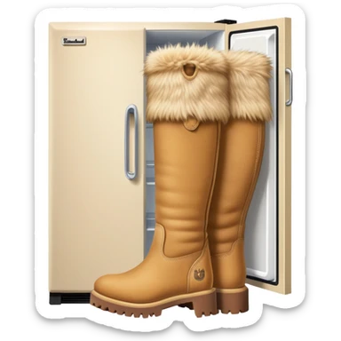 A white kitchen refrigerator with camel head poking out from an open door and furry camel legs wearing classic wheat-colored Timberland boots sticker