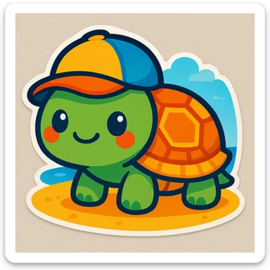 Change the party hat to a baseball cap on the cute turtle on sand, in a bright and cute chibi stickers cartoon style. sticker