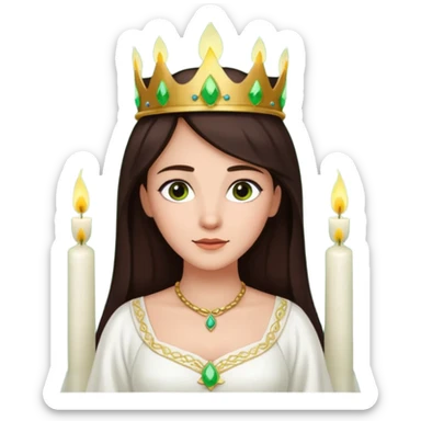  saint lucia with dark brown hair with a white gown and a green crown with candles on the crown sticker