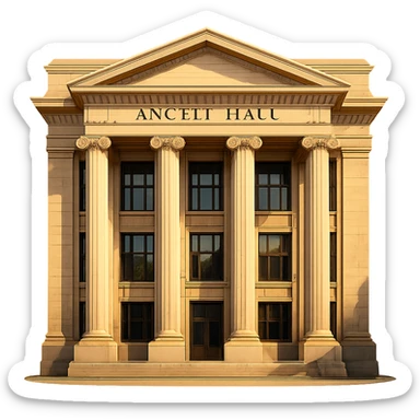 cinematic, realistic emoji of Angell Hall at the University of Michigan in Ann Arbor, straight-on perspective, featuring its iconic neoclassical architecture with columns, lifelike detail, bright regal lighting as on a sunny day, accurate building colors, transparent background sticker