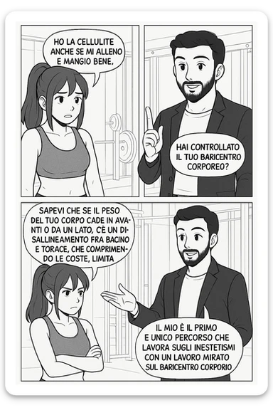 PRENDI SPUNTO DA QUESTO STILE FACENDO UN WEBTOON/MANGA:

LEI (DONNA): Ho la cellulite anche se mi alleno e mangio bene, cosa posso fare?

LUI (UOMO): Hai controllato il tuo baricentro corporeo?
LUI (UOMO): Sapevi che se il peso del tuo corpo cade in avanti o da un lato, c’è un disallineamento fra bacino e torace, che comprimendo le coste, limita la motilità del diaframma e l’ossigenazione dei tessuti?
LUI (UOMO): Il mio è il primo e unico percorso che lavora sugli inestetismi con un lavoro mirato sul baricentro corporeo. sticker