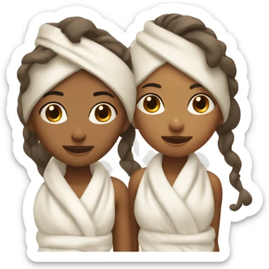two girls with their eyes closed with towels on their heads and face cream on one white and one tan sticker