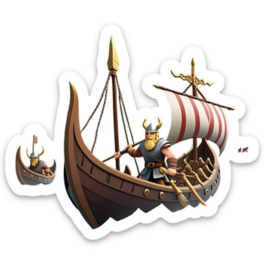 clash-of-clans-aesthetic_-cinematic-viking-longboat, rendered in a flat, bold vector style with minimal shading, featuring a striking dragon-headed prow slicing through icy, churning waters. shields on the side and vikings rowing The longboat’s intricately detailed shields and carved motifs evoke a sense of epic adventure and Nordic might, with billowing sails catching a dramatic, stormy sky backdrop. sticker