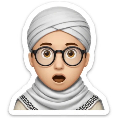 A person with light skin tone, wearing a traditional white keffiyeh with a black agal, large brown eyes, round glasses, and an open mouth showing a surprised or shocked expression. sticker