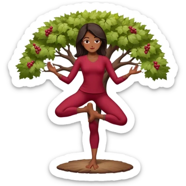 A serene dark hair woman practicing the Tree Pose (Vrksasana), embodying stability with wine red clothes  sticker