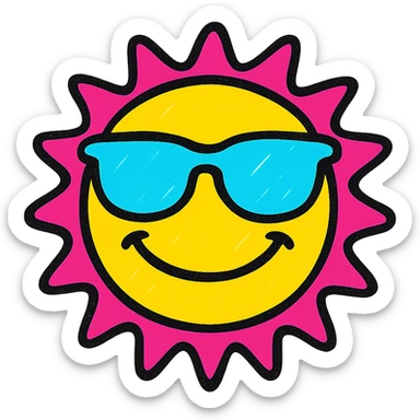 a smiling sun with sunglasses, vibrant and playful, pop colors style sticker