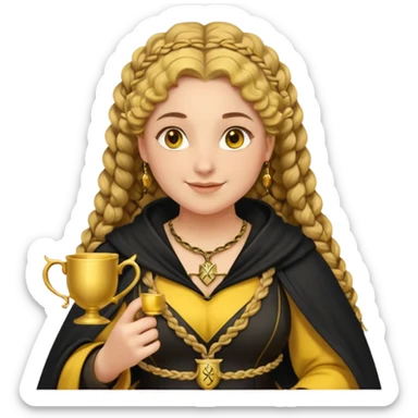 Helga Hufflepuff, 2 curly thick brown braids, yellow-black medieval dress, black cloak decorated with gold braiding, tiny two-handled shiny yellow-gold cup, very kind smile, curvy busty sweet woman, thick rosy cheeks sticker
