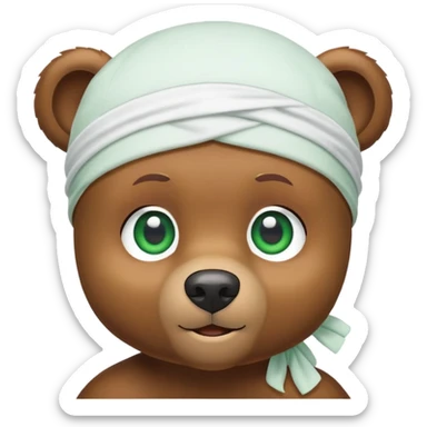 Cute brown bear head with green eyes wearing a white durag, hip style, iOS emoji style sticker