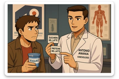 fai un webtoon manga a colori con questo stile, in cui un uomo ASCOLTA Il kinesiologo con il camice bianco (fagli anche la scritta "ANTONIO ANANIA" SUL CAMICE, IL KINESIOLOGO SPIEGA ALL'UOMO UNA COSA TENENDO DUE FOGLIETTINI IN MANO, UNO CON LA SCRITTA "ZUCCHERO DEL LATTE" E UNA CON LA SCRITTA "PROTEINE DEL LATTE". L'UOMO OSSERVA LO YOGURT CHE HA IN MANO CON ESPRESSIONE DUBBIOSA IN VOLTO. non fare i fumetti però, fai solo in modo che sembri stiano parlando sticker