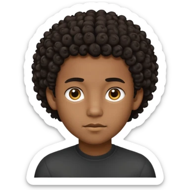 This avatar of black boy has tightly curly dark hair styled upward, a rounded face with golden-brown eyes, and a neutral expression sticker