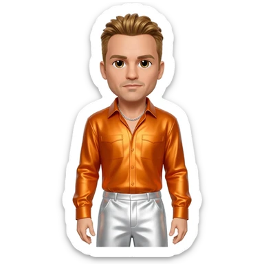 Donnie Wahlberg from NKOTB with brown eyes, golden brown hair, orange metallic shirt, white metallic baggy pants, silver necklace sticker