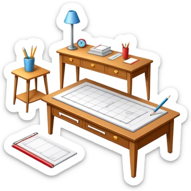 Icon for Furniture Design: a furniture drawing with 3D models of furniture pieces placed on top, accompanied by rulers and a pencil. The icon should represent the design process with focus on precision and modeling. Transparent background. sticker