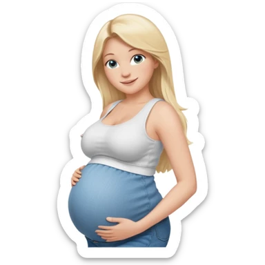 White girl, 18, long blonde hair, blue eyes, white crop top, jeans, huge pregnant belly, big boobs, side view, skinny, bare midriff, smiling sticker
