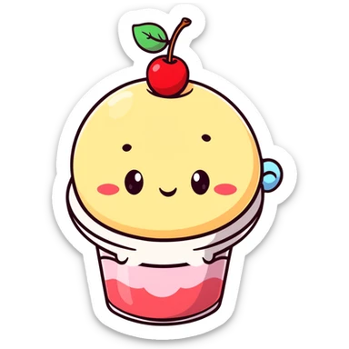 shy pudding with blushing cheeks, cherry on top, creamy soft background sticker
