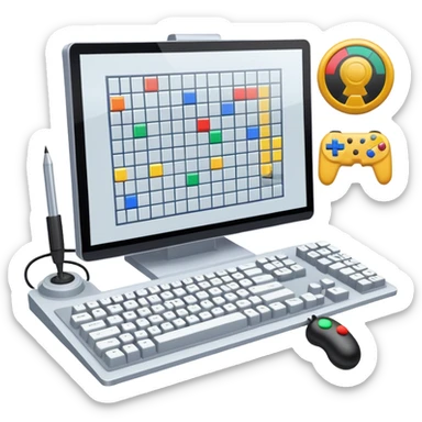Emoji for Game Design: computer screen with Professional game development interface, 3D models, pixel art and design tools like grid, wireframe, joystick, stylus. Symbolizes the technical and creative process of game development. Transparent background. sticker