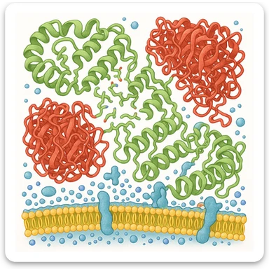 Ultra-realistic scientific illustration of enzymatic starch digestion at the cellular level, rendered in textbook-accurate detail. Show:

Multiple amylase enzyme molecules (red, with clear tertiary structure showing alpha-helices and beta-sheets) actively cleaving
Starch polymers (green amylose/amylopectin with accurate glucose unit linkages - α(1→4) and α(1→6) branches)
Cell membrane segment (yellow phospholipid bilayer with integral proteins and cholesterol molecules)
Reaction environment (blue water molecules, ionic interactions, pH-sensitive groups)
Molecular interactions (hydrogen bonds, substrate-enzyme transition state, electron cloud textures)
Technical Specifications:

Style: Nature Journal-quality structural biology visualization
Lighting: Cryo-EM-like isosurface rendering with subtle ambient occlusion
Perspective: 150,000x magnification view
Background: Pure white (#FFFFFF)
Accuracy: PDB-level structural correctness (reference 1SMD for amylase)
Exclusions: No labels, no cartoon simplifications
Special Details to Include:

Catalytic triad (Asp197, Glu233, Asp300) in amylase active site
Starch helix distortion during hydrolysis
Membrane protein channels for glucose transport sticker