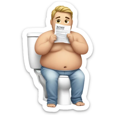 fat guy sitting on toilet reading newspaper no shirt front view sticker