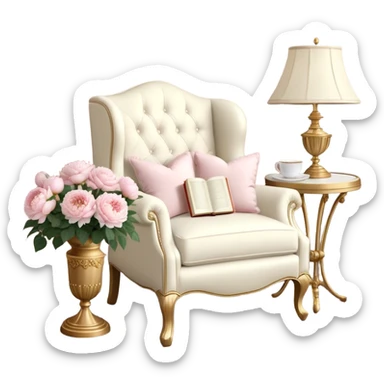A cozy vintage-inspired reading nook, with an overstuffed ivory armchair, a golden reading lamp, and a bouquet of soft pink roses, white peonies, and dahlias resting on a small lace-covered side table, as a pearl butterfly gently rests on the open book.
 sticker