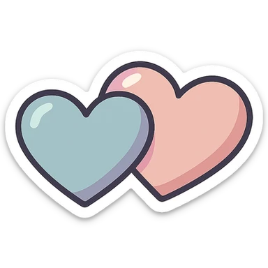 two small hearts side by side, icon-color-outlined style, detailed shadows and highlights, thin clean contours, soft rounded shapes, pastel palette #98B5BC, #B5B3C1, #C9A3C9, #E4C0CA, #F7DCD1, #F7C0AA, modern Japanese pop art and sticker aesthetic, soft lighting, transparent background sticker