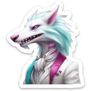 White badass elegant wild beautiful natural cute badass epic anthro modern albino sergal-vernid-creature with cyan mane and magenta eyes with cyan edgy stripes, full body sticker