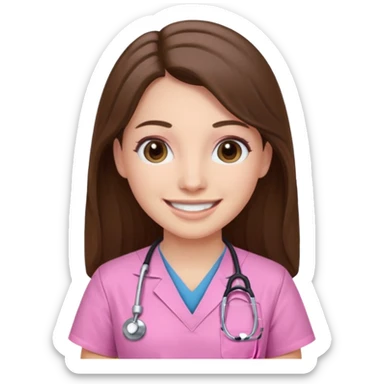 doctor, pink, she, hair brown, eyes black, scrub pink, white skin, longlong hair, smile sticker