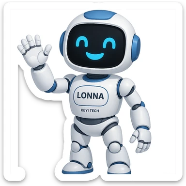 Lonna, Keyi Tech's smart robot, waving and smiling, modern tech look, white and blue color scheme, digital face display sticker