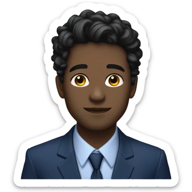 26 year old male portrait, small yes, black wavy hair, blue suits, class sticker