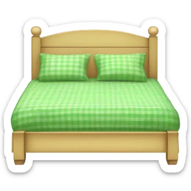 light wooden bed with green gingham beddings sticker