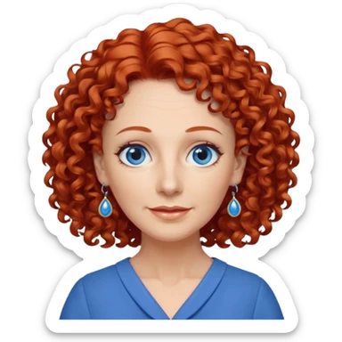 una profesora mayor simpática con el pelo rojo rizado, ojos azules, vestido azul y pendientes azules hablando altura completa sticker