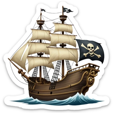 An icon representing an adventure game, inspired by high-seas exploration. The design features a fearless pirate gripping the wheel of a grand sailing ship, its tattered Jolly Roger flag billowing as it cuts through stormy waters. The scene evokes danger, treasure, and the thrill of the open sea. Transparent background. sticker