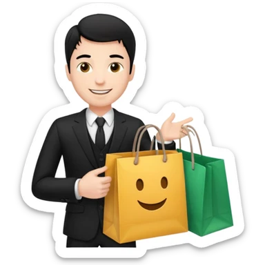 a white man black hair in a black suit with clothing shopping bag sticker