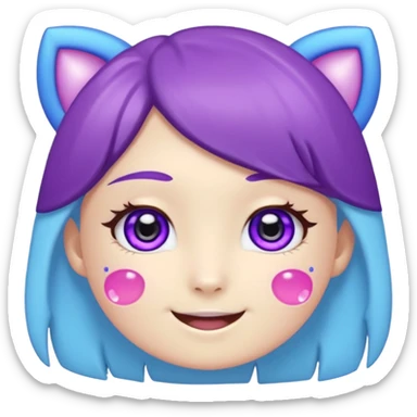 
de color azul claro brillante con manchas orgánicas en tonos morado y violeta.El rostro es expresivo y kawaii, con ojos grandes y brillantes, cejas pequeñas y una sonrisa abierta con lengua rosada. Estilo moderno, limpio y tierno, ideal como emoji, sticker o mascota digital.
 sticker