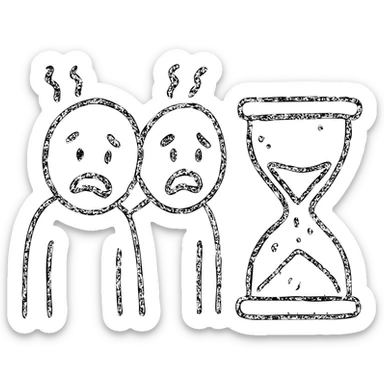 ultra-minimalist hand-drawn outlined icon of two figures, trembling clock or hourglass, extremely worn and eroded texture, anxious and stressed expressions, sense of terror sticker