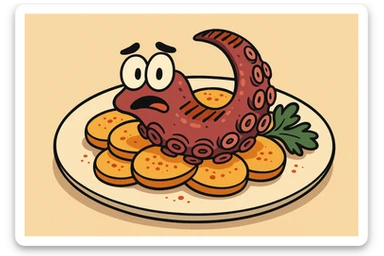 stylized cartoon tapa de pulpo, vibrant colors, simple background sticker