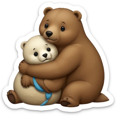 small white seal hugging a big brown bear sticker