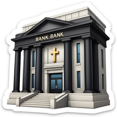 bank building with a cross over it, canceled bank sticker