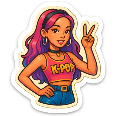 K-pop idol inspired by Blackpink, pop colors, energetic vibe, cool accessories, retro stickers style sticker