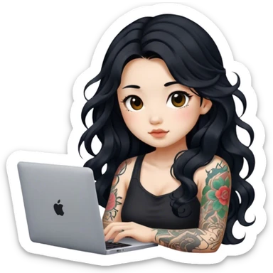 beautiful girl, with tattoos, with long black hair, wavy hair, chinese, with laptop sticker