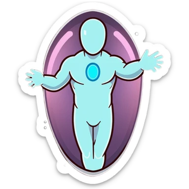 Silver capsule levitating among bright shining particles, with a translucent shield floating over an ethereal immune defense figure and a radiant thyroid gland in the background sticker