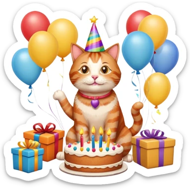 Ginger tabby cat celebrating birthday, birthday hat, birthday cake, balloons, happy, gifts sticker