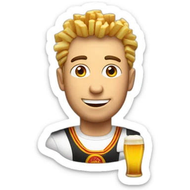 belgian man with fries and a beer sticker