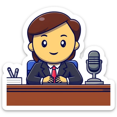 news anchor reporting at desk with microphone sticker