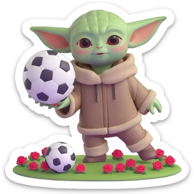 baby yoda kicking a soccer ball with small roses beside him sticker