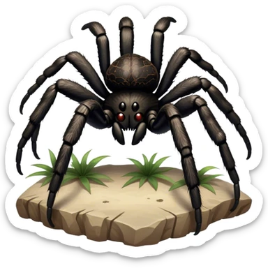 Close-up of a giant hairy black tarantula in its natural habitat, with intricate web details surrounding it. The spider's texture is highlighted, emphasizing its hairy legs and features. Soft background with natural elements like leaves or rocks. Transparent background. sticker
