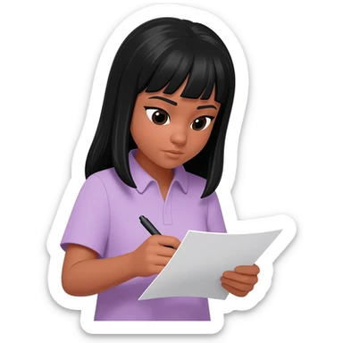 lilac shirt light tan , black hair girl writing on paper sticker
