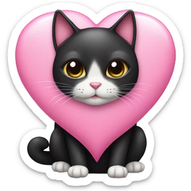 Black cat wearing a pink bow holding a big pink heart sticker
