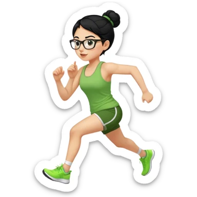 pretty girl white glasses side view black hair in a bun green tank top running sticker