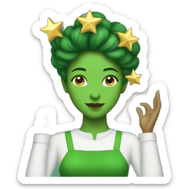 Green women holding three gold stars above head sticker
