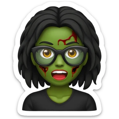 crie um emoji de zumbi feminino, com pele verde, óculos preto e cabelos pretos longos sticker